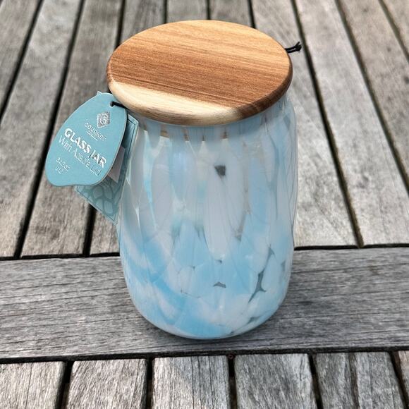 Murano Light Pastel Blue Confetti Glass Jar with Acacia Lid BPA Free Storage New - Picture 7 of 12